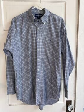 Ralph Lauren Blake Shirt Mens Medium Blue Cream Plaid Cotton Long Sleeve Pony